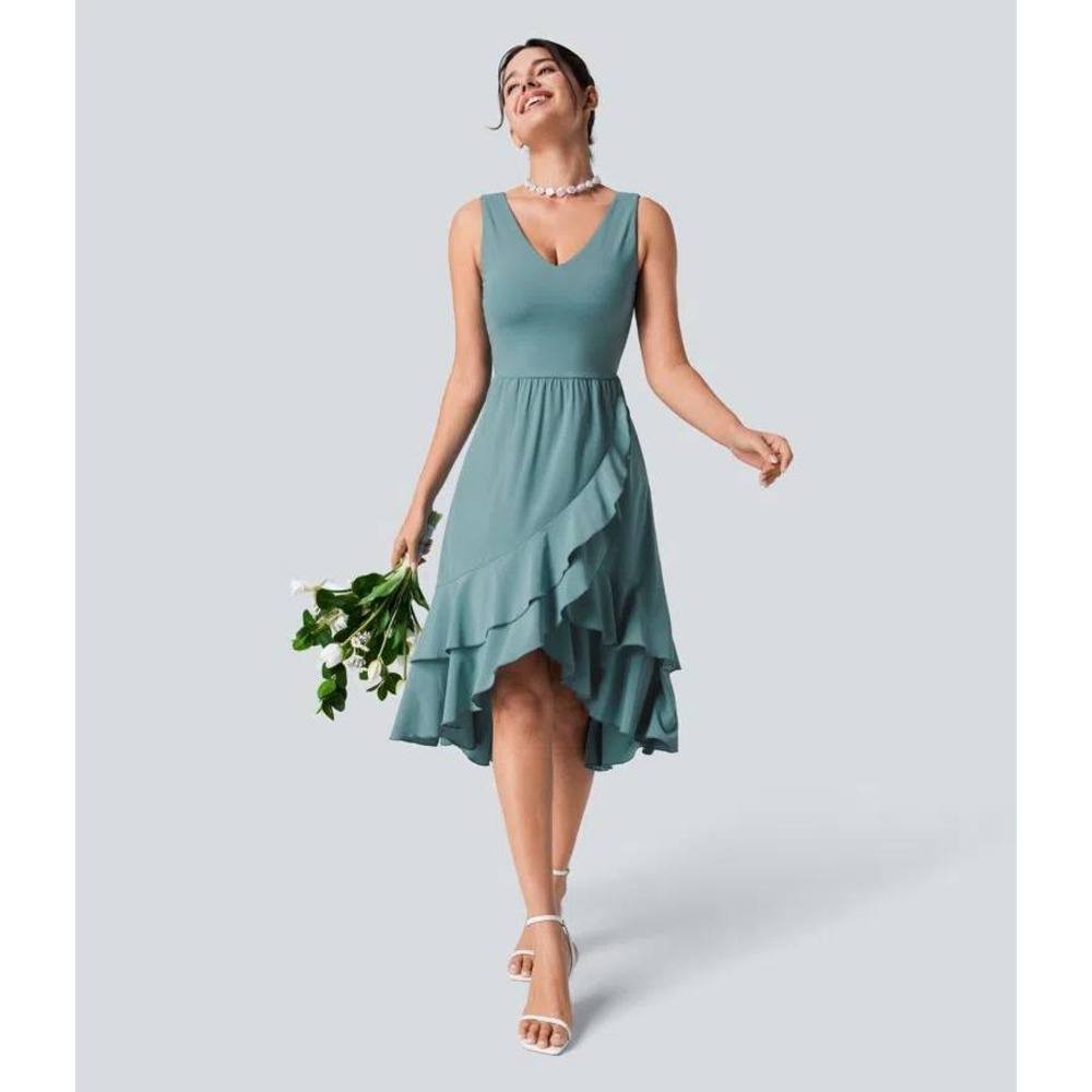 Halara Breezeful V Neck Midi Dress M Blue Green Ruffle High Low Cutout Casual